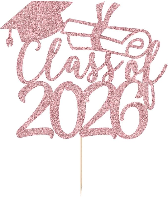 Gold Class of 2026 Congrats Grad Cake Topper Glitter Graduation Party Supplies - High School College Graduates -College Graduate Cake Topper Decorations (Rose gold)