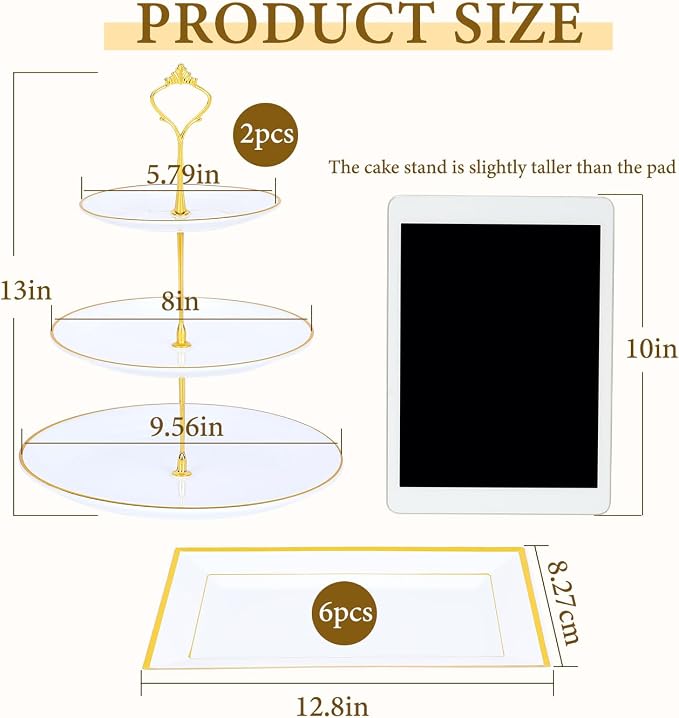 DI QIU REN 8PCS Cake Stand Set, Plastic Cupcake Stands with Gold Rim, Dessert Display Stands Set for Wedding Birthday Party Tea Party