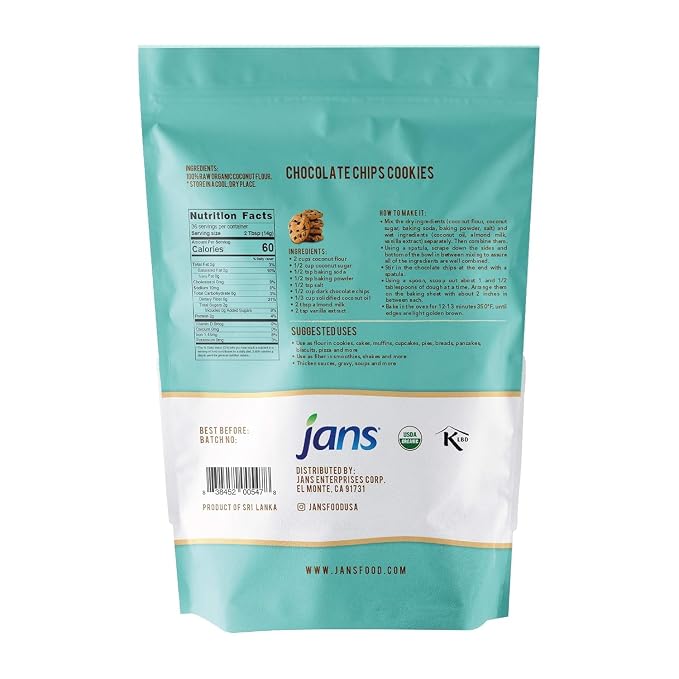 Jans Organic Coconut Flour (1.1 lb, Pack of 12) Certified Organic, Gluten-Free, Keto, Paleo, Vegan Friendly, Multi Purpose Flour Alternative, High Fiber