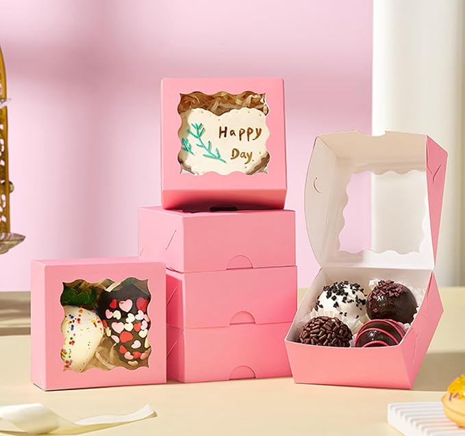 100 Pack 3.25x3.25x1.5 inches Pink Small Cookie Boxes with Window - Mini Cake Pie Macaron Donut Chocolate Truffle Treat Boxes for Valentine's Day Wedding&Birthday Party Favor