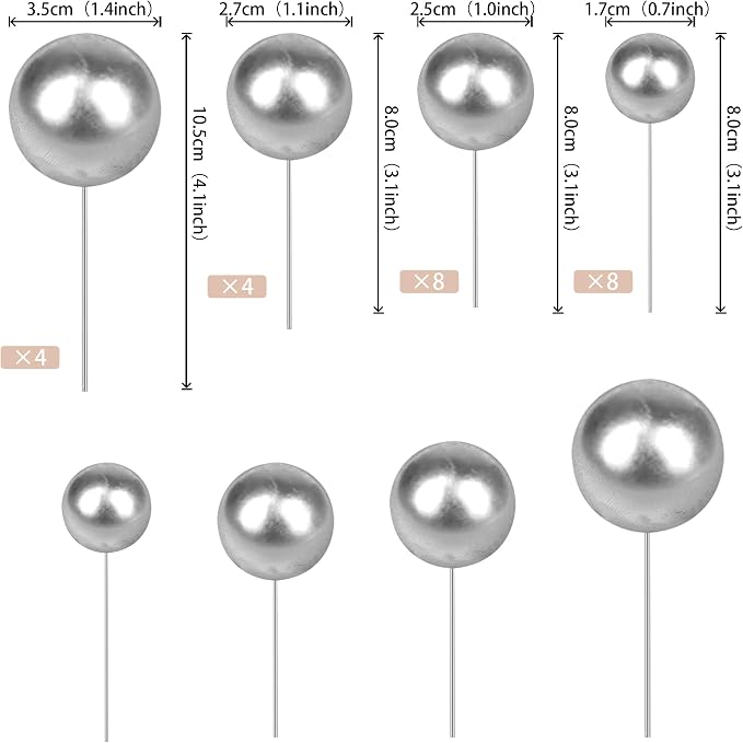 24 PCS Ball Cake Toppers Balls Cupcake Toppers Insert Foam Ball Shaped Cake Picks Mini Balloon Cake Decoration for Wedding Anniversary Baby Shower Birthday Party Cake Decorations Supplies Silver