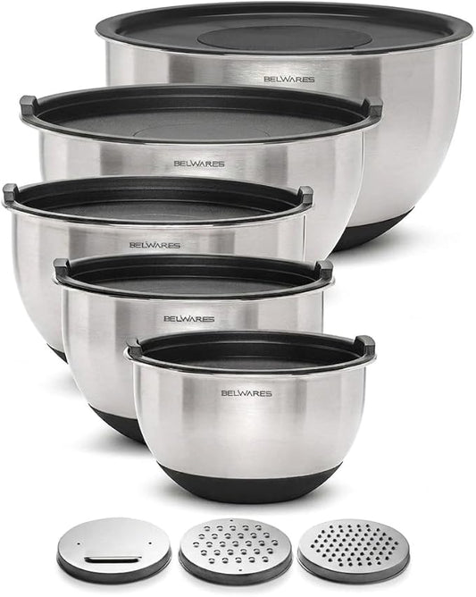 Belwares Mixing Bowls with Lids Set of 5 - Stainless Steel Mixing Bowl Set, Nesting Metal Bowls with Non Slip Bottoms + 3 Grater Attachments, Airtight Lids for Baking, Food Prep + Storage, Black