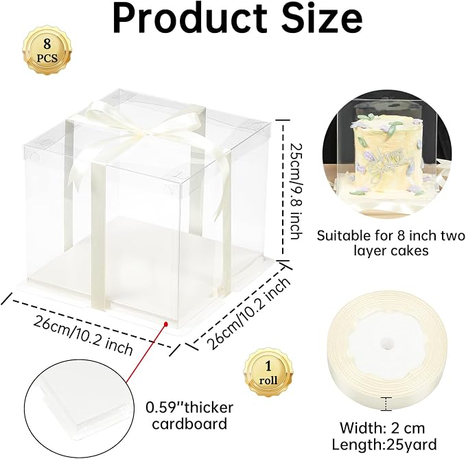 8 Pcs Clear Gift Box with Ribbon 2-Layer 10x10x10 Inch, Transparent Cake Carrier Box with Lids, PET Tall Cake Packaging Boxes, Clear Gift Boxes for Birthday,Wedding and Festival Party