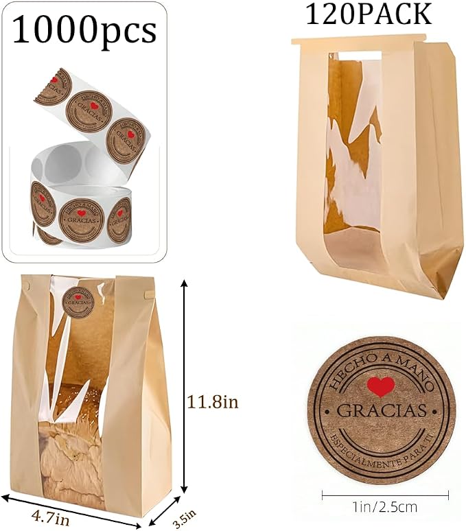 Sourdough Bread Bags with Tin Tie Lock 120 Pack 11.8x3.5x4.7 Inch Paper Bread Bags for Homemade Bread Cookie Bags with Clear Window 1000 Labels Bakery Bags for Bread Storage Baked Goods Packaging