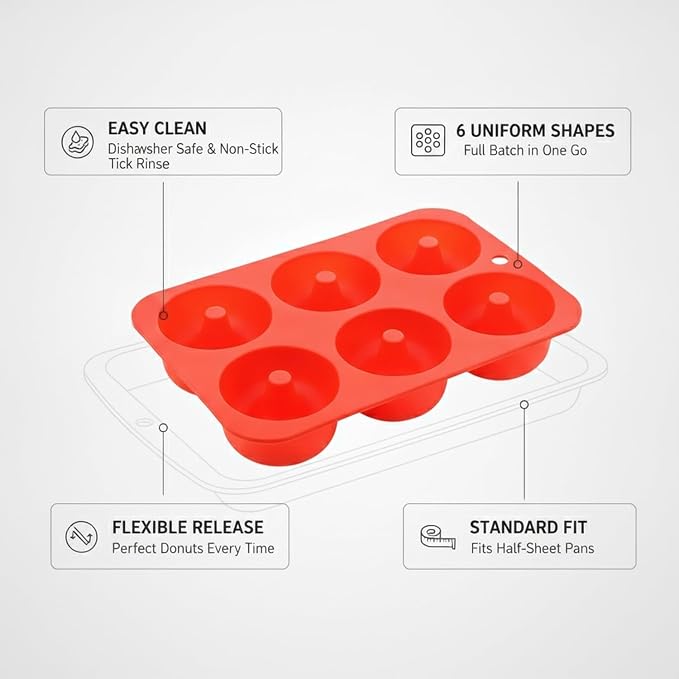 Silicone Donut Pan, 6-Cavity Non-Stick Baking Mold for Uniform Shapes, Flexible Tray Fits Half-Sheet Pans (1 PC)