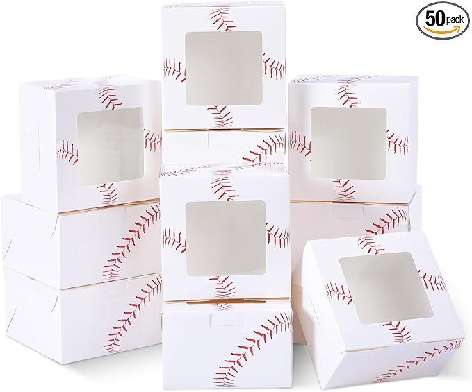 50 Pack Baseball Print Cookie Boxes with Window, Small Bakery Treat Boxes for Pastry Donuts Macaroon Cupcakes, Birthday Baseball Party Baby Shower Favors