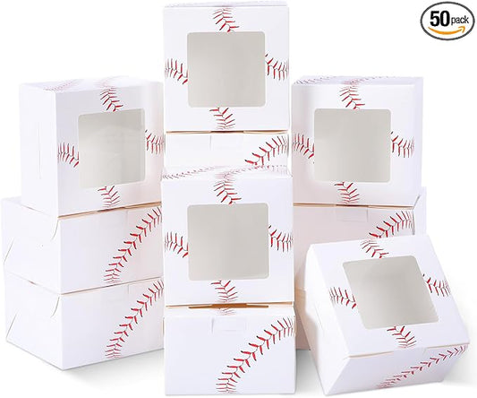 50 Pack Baseball Print Cookie Boxes with Window, Small Bakery Treat Boxes for Pastry Donuts Macaroon Cupcakes, Birthday Baseball Party Baby Shower Favors