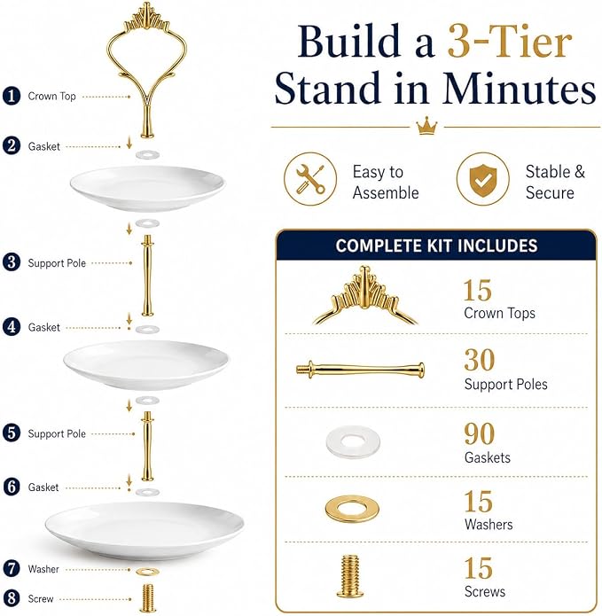 15 Pcs Tiered Tray Hardware Kit Crown Handle Zinc Alloy Gold 3-Tier | Coordinated gold finish for party trays; rods washers and screws support repeat DIY cake stand assembly