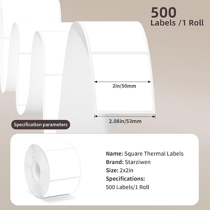 500 Labels/Roll 2" x 2" White Thermal Labels, Self-Adhesive Square Thermal Sticker for QR Code, Barcode, Logo, Inventory, Small Business