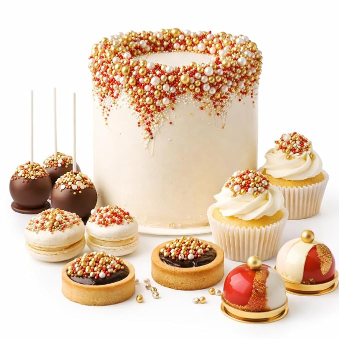 Confect Red, White & GRed White Gold Sprinkle Mix – Bake Stable Non Bleeding Edible Pearls & Metallic Dragees for Cake Decorating, Cupcakes, Cookies & Desserts (4.2 oz)