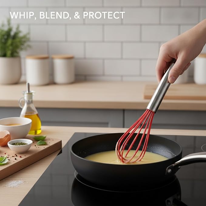 13 Inch Silicone Coated Wire Whisk for Non-Stick Cookware, Stainless Steel Mixing Tool, Red