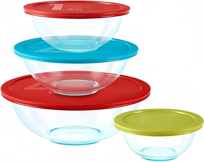 8-Piece Glass Mixing Bowl Set with Colored Lids, Nesting Food Prep Bowls, Microwave & Dishwasher Safe, Glass in Mixing Bowls