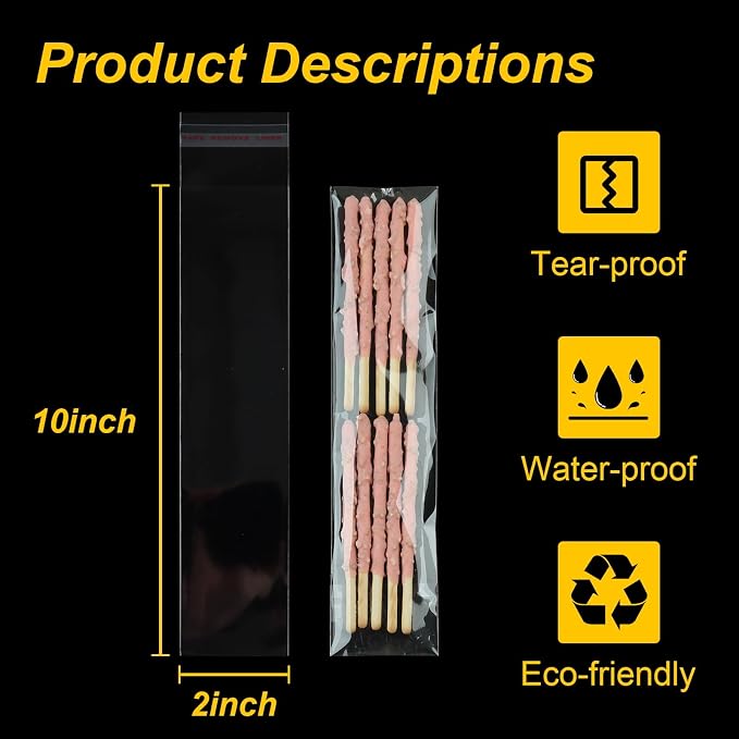 Horbin 120 Pcs Pretzel Rod Bags, Self Sealing Cellophane Bag 2x10 Inches, Clear Cookie Bags with Seal for Cookies, Pretzels, Candy, Party Favors, Bakery Packaging