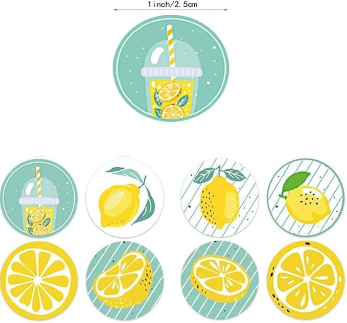 500PCS Lemon Stickers Yellow Green Fruit Decals 1 Inch 8 Different Round Roll Lemons Themed Birthday Party Favors Business Card Candy Cookie Bag Envelope Seals Gift Wrapping (Lemon)