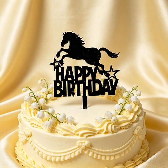 Black Acrylic Horse Happy Birthday Cake Topper, Horse Theme Party Decoration for Boys, Girls, Men, Women & Kids Birthday Party Decoration Supplies (Design1)