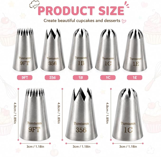 5 Pack Extra Large Piping Nozzles, 9FT 1B 1C 1E 356# Seamless Stainless Steel Piping Icing Tips for Cupcake
