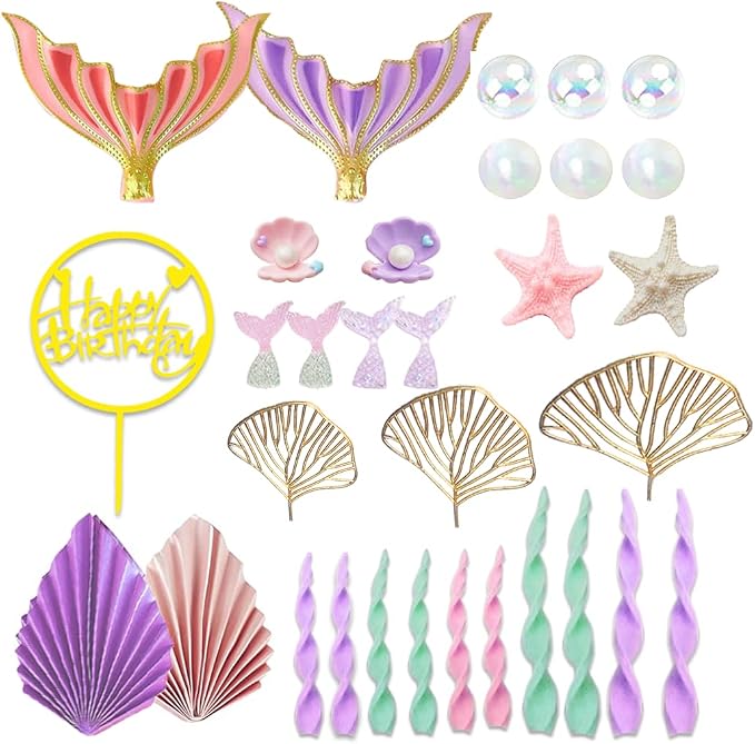 Mermaid Cake Topper for Mermaid Under the sea Cake Decor | Big Mermaid Tails Seaweed Bubbles Shells and Golden Ginkgo Leaves Cake Set