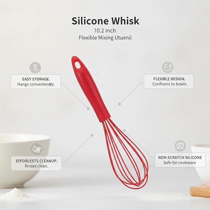Curved Silicone Whisk, 10.2-Inch Flexible Mixing Tool for Batters and Eggs, Red