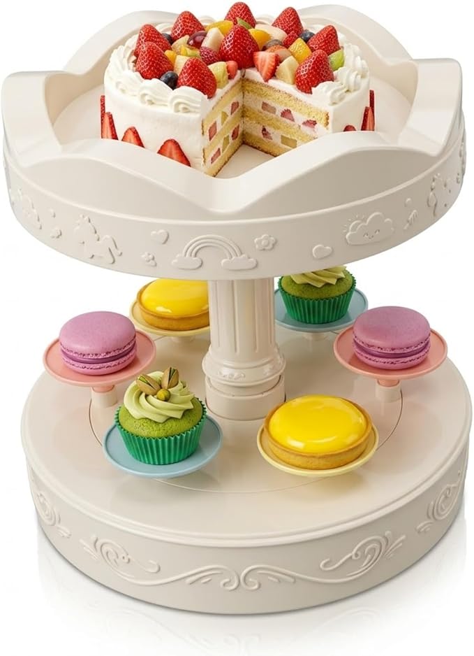Cupcake Holder, 2 Tier 360 Rotating 8.7x8.7x4.5 inch Cup Cake Holder, Cupcake Containers with 6 Small Trays, for Wedding Birthday Party Supplies