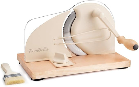 Sourdough Bread Slicer for Homemade Bread, Manual Hand Crank Bread Cutter with Adjustable Thickness for Even Slices, Slicing Guide & Protective Blade Shield, Wood Base with Suction Cups(Beige)