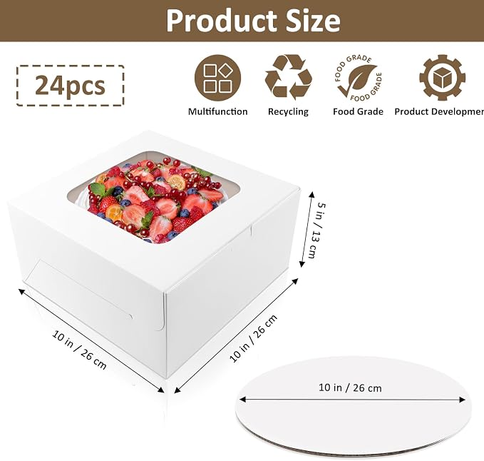 Moretoes 24 Pack Cake Boxes, 10x10x5 Inches with Cake Boards Tall White Square Bakery Boxes Cajas Pasteles for Cakes, Valentine's Day, Mother's Day, Birthday, Wedding, Party, Graduation