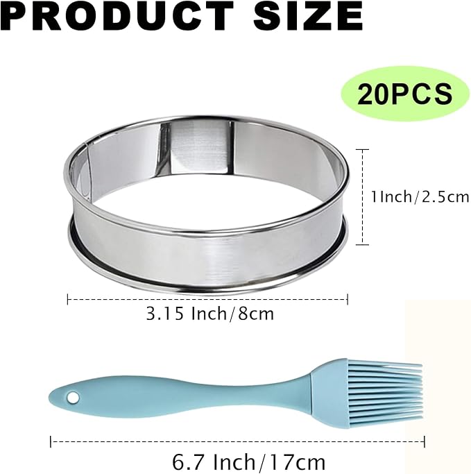 20 Pack English Muffin Rings 3 Inch Stainless Steel Crumpet Rings with Oil Brush, Metal Pastry Ring Mold Double Rolled Tart Rings for Baking Kitchen Food Making
