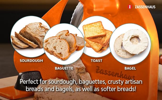 Zassenhaus Original Classic Adjustable Bread Slicer for Uniform Slices - Bread Slicer for Homemade Bread - 18/8 Stainless Steel Blade Sourdough Cutter -Orange, 11.75" x 8"