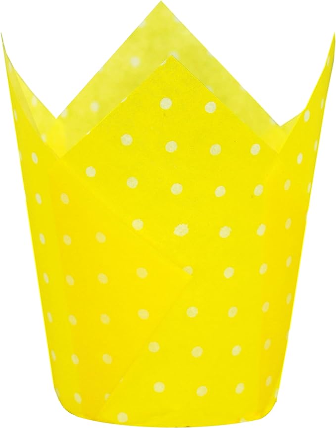 QLSmypkg Large Muffin Greaseproof paper Baking cupcake cups, 2-1/4" x 4" Yellow printed with Polka Dot Tulip Baking Cup(Large) (125pcs)