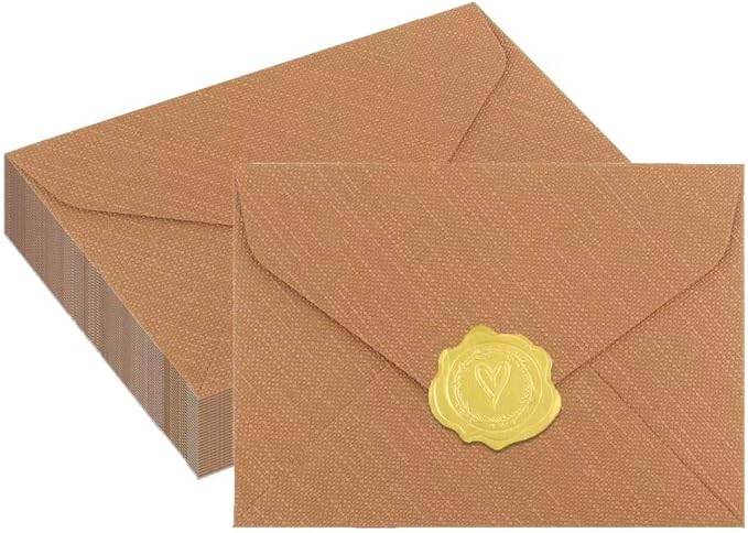 20 Pack 4x6 Brown Linen Envelopes with Gold Wax Seals - Handmade Look A6 Vintage Envelopes & Self-Adhesive Seal Stickers for Greeting Cards, love letter, Wedding, Party Invitation