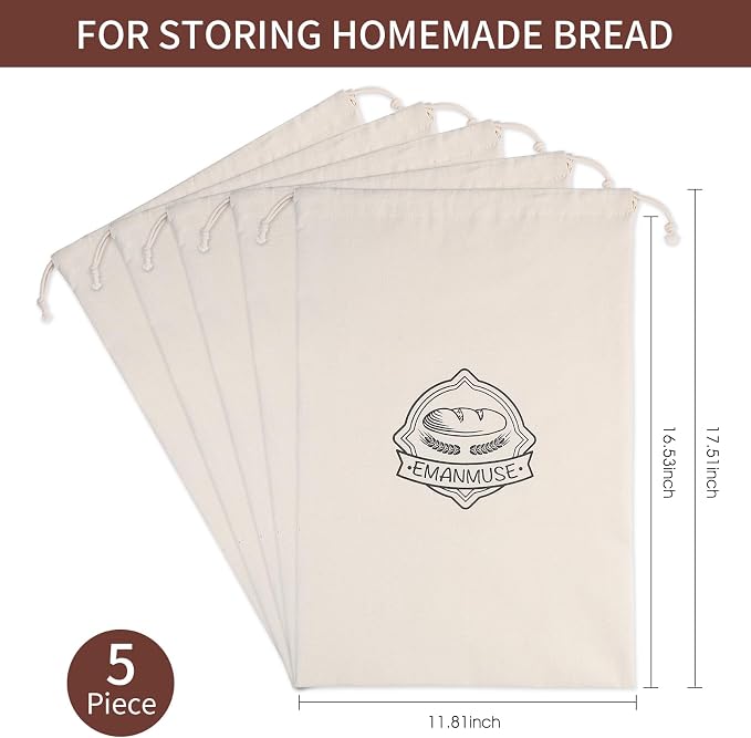 5 Pack Linen Bread Bags for Sourdough, Homemade Bread, TPU Lined | 5 pack linen bread bags with TPU lining, 12 x 17.5 in, for sourdough, loaves, rolls, bagels, reusable
