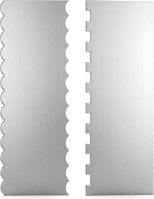 Cake Scraper Smoother 2Pieces Metal Cake Scraper 8.7 in Cake-Smoother for Icing Stainless Steel Cakes Comb Double Sided Patterned Edge Stripe Edge Smoother Scrape Pastry Cutter for Mousse Butter Cream