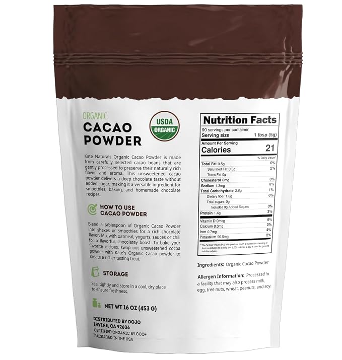 Kate Naturals Organic Cacao Powder, 16 oz – Unsweetened Raw Cocoa Powder, Non-GMO, Vegan, Gluten Free, Rich Chocolate Flavor for Baking & Smoothies