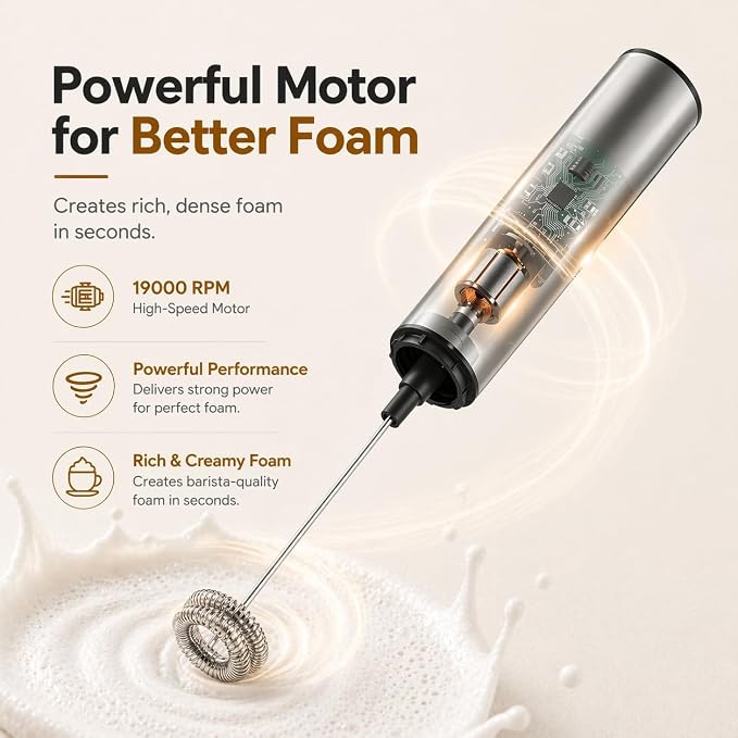 Rechargeable Milk Frother Handheld Electric Frother Wand Milk Foamer Drink Mixer for Coffee, Lattes, Cappuccino, and Egg, Stainless Steel for Travel-Silver