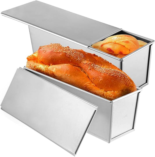 2 Pack Stainless Steel Pullman Loaf Pan with Lid, 13x4 Inch Large Capacity Pullman Loaf Pan With Lid, Non-Stick Pullman Bread Pan Bakeware Steel Bread Toast Box with Cover for Baking Bread Sandwich