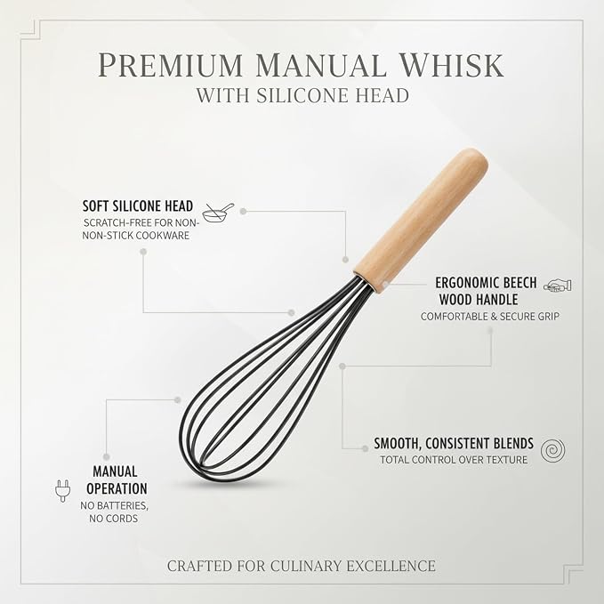 Manual Whisk with Silicone Head and Wood Handle for Coated Cookware (1 PC)
