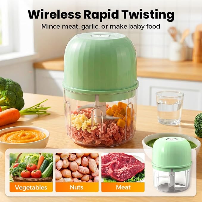 Electric Garlic Chopper, 2026 New Portable Mini Vegetable Chopper, USB Rechargeable Garlic Grinder, Cordless Onion Chopper Food Processor for Garlic Onion Ginger Chili Meat Sauce (Green)
