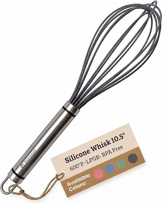 Starpack 'Whip it Good' Silicone Whisk for Nonstick Cookware - Non Scratch, 10.5" Whisk Heat Resistant 600°F - Kitchen Whisks for Cooking, Baking & Stirring - Silicone Coated Durable Rubber Egg Whisks