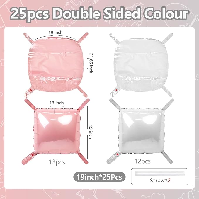 NISOCY 25PCS Pearl Pink and White Square Foil Balloons Wall Backdrop Double Sided Pink and Pearl White Balloons Arch Kit for Wedding Birthday Baby Shower Bride Girl Party Decorations