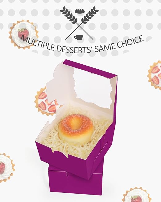 qiqee 4*4*2.5inch/55Packs Bakery Box with Window Deep Purple Macaron Boxes Small Donut Pastry Boxes for Party Mini Cookie Boxes(5 Diferent Gift Include)