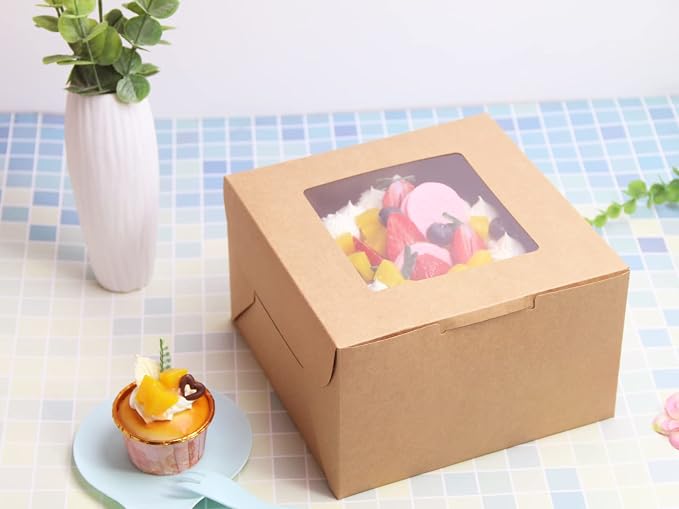 Kraft Bakery Boxes 8x8x5 Inch - 10Pack Window Gift Boxes | Includes twine & stickers. Sturdy kraft. For cookies, cupcakes, pastries, wedding favors, party treats & DIY
