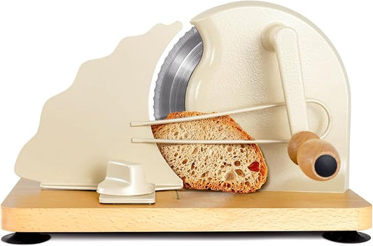 Manual Bread Slicer for Homemade Bread, Stainless Steel Slicers Serrated Blade Design, Adjustable Slice Thickness with Metal Guide, Hand Crank Bread Slicer with Scale Line and Suction Cup(Cream)