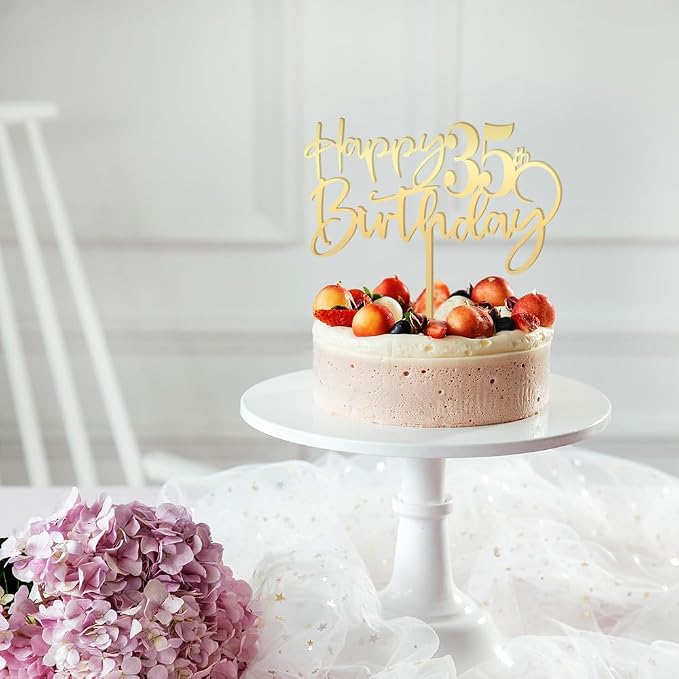 Happy 35th birthday cake Topper,Mirrored Gold Acrylic Durable Cake Topper,35th Birthday Party Cake Decorations,Hello 35th years old, Happy thirty-five years old, Birthday Party Decorations