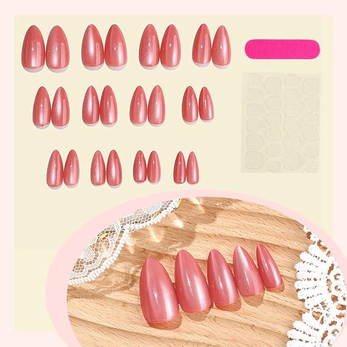 24Pcs French Press on Nails Short Almond ZWENJIE Cat Eye Fake Nails Press ons Nail Tips Stick on Nails Acrylic Nails Kit False Nails with Brown Red Design Nail Art for Women Glitter Manicur