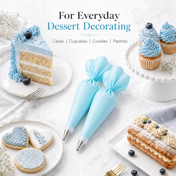 34 PCS Cake Decorating Supplies Kit, Reusable Piping Bags and Tips Set with 24 Stainless Steel Icing Tips, 3 Cake Scrapers, 2 Couplers, Ties and Cleaning Brush for Baking