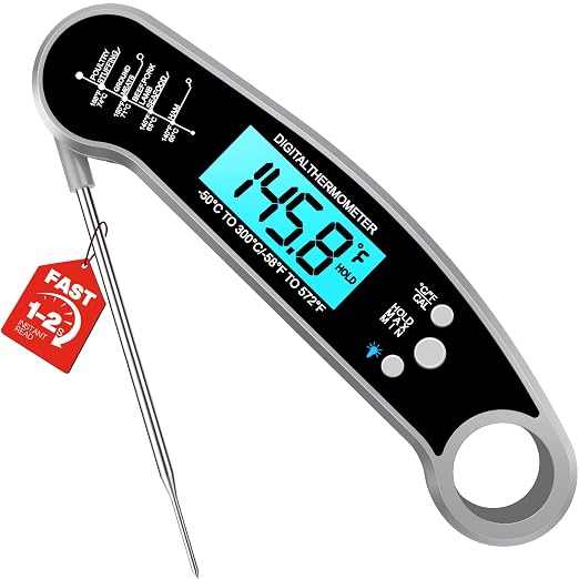 Meat Thermometer Digital – Instant Read Food Thermometer for Grilling, BBQ, Air Fryer, Smoker, Candy Making with Foldable Probe, Kitchen Gadgets, BBQ Essentials, Gift for Dad, Men, Grey