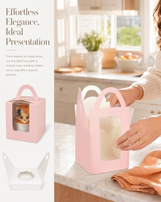 Bakepacker Auto-pop up Individual Cupcake Boxes with Window 200 Count Pink 3.6"X3.6"X4.3", for Cake, Treat Cookie Dessert, Pastry, Birthday Party, Weddings
