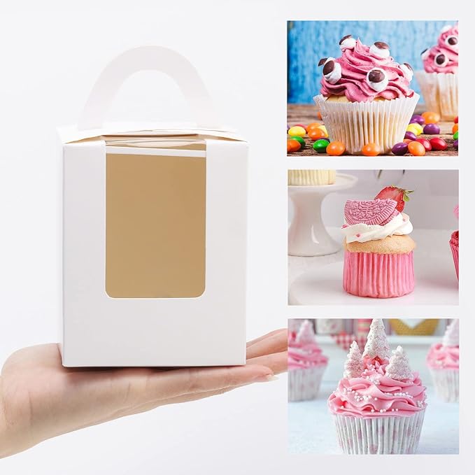 acDesign 100Pcs Cupcake Boxes With Window 3.6in*3.6in*4.3in Cupcake Carrier Individual With Handle and Inserts for Wedding Bakery Wrapping Party Favor Packing(White)