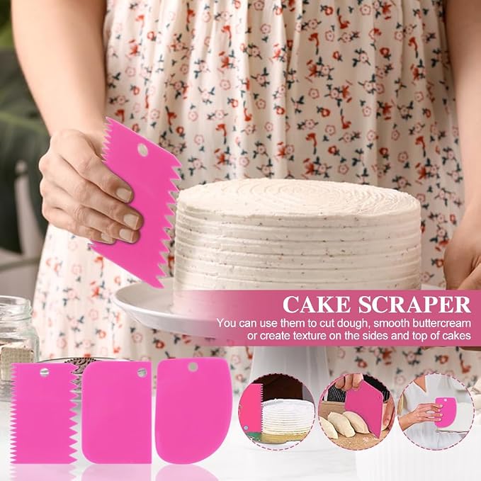 Adjustable Cake Leveler Cutter With 3PCS Cake Scrapers Set,Baking Supplies Tool for Kitchen,Large Size Cake-Cutter Slicer for Leveling,Single Stainless Steel Wire & Plastic Handle(COLOR:Rose Red)