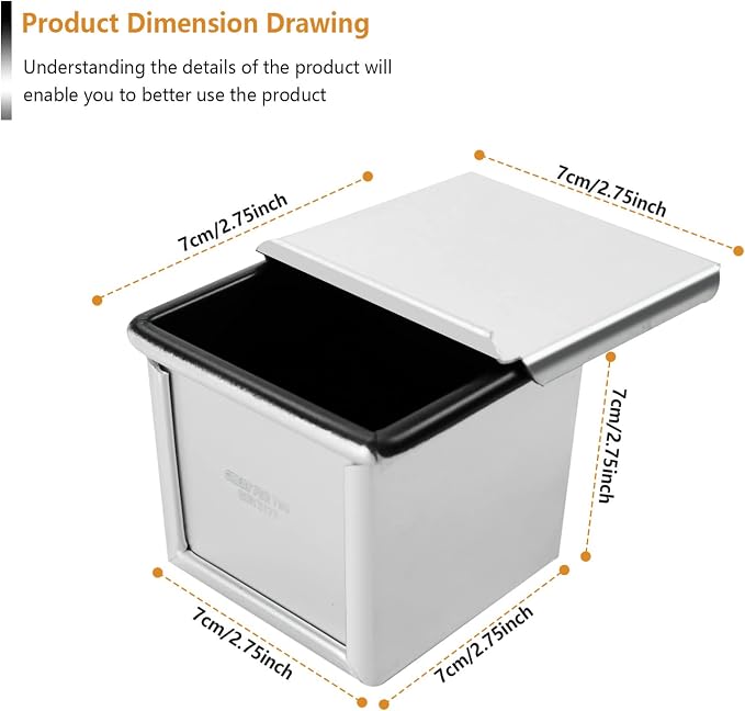 Pullman Loaf Pan with Lid Non-stick Square Smooth Toast Box Aluminized Steel Bread Pan with Lid 2.75x2.75x2.75in(7CM)