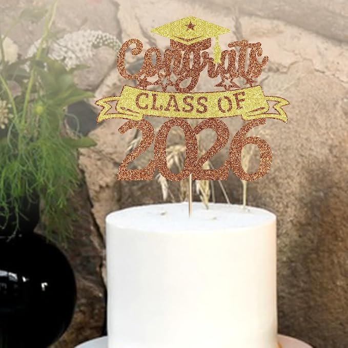 Glitter Class of 2026 Cake Topper，Congrats Grad Decorations， 2026 Happy Graduation High School/College/University Graduation Party Supplies Brown and Gold